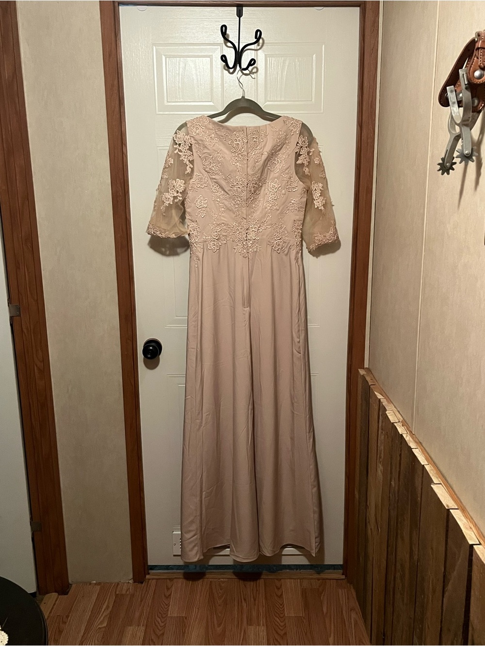 Elegant Blush Lace Evening Dress with Sheer Sleeves